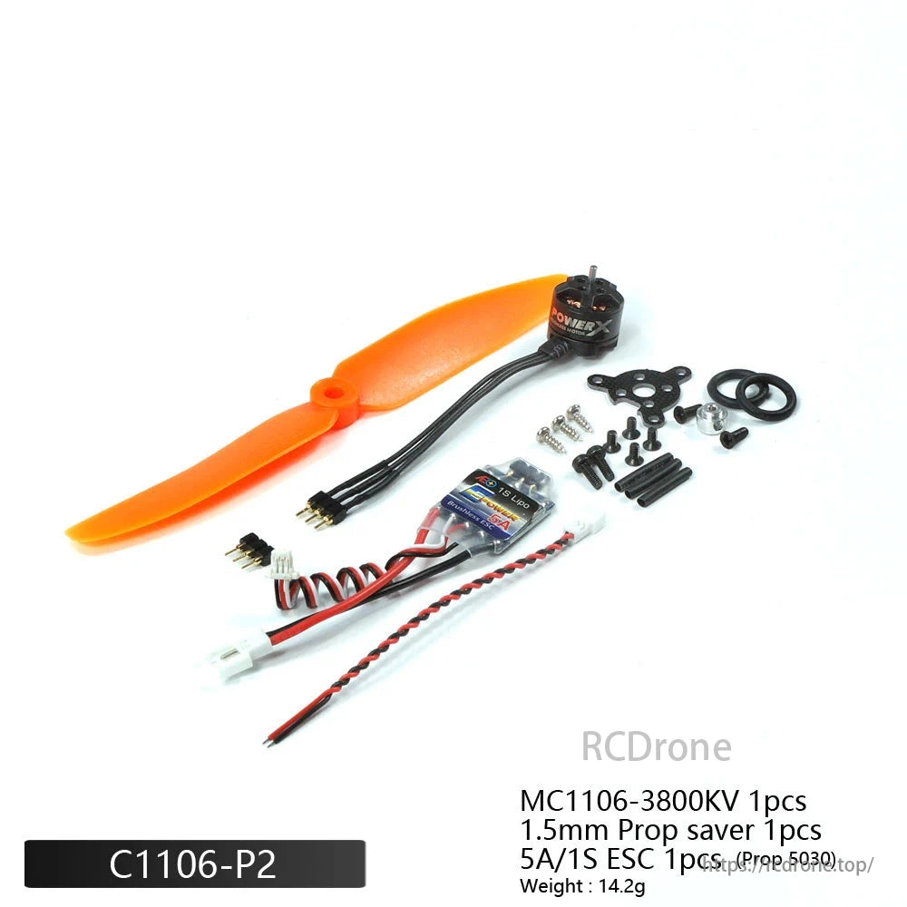 PowerX MC1106 3800KV 1S–2S Brushless Motor, PowerX motor kit with ESC, propeller, and mount, weighing 14.2g, perfect for micro RC planes and FPV drones.