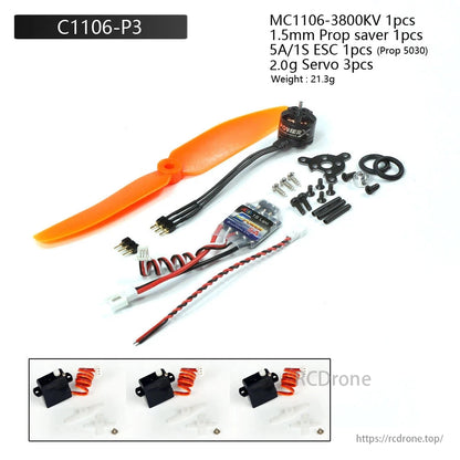 PowerX MC1106 3800KV 1S–2S Brushless Motor, PowerX motor kit includes ESC, prop, mount, prop saver, and servos. Weighs 21.3g. Perfect for micro RC planes and FPV drones.