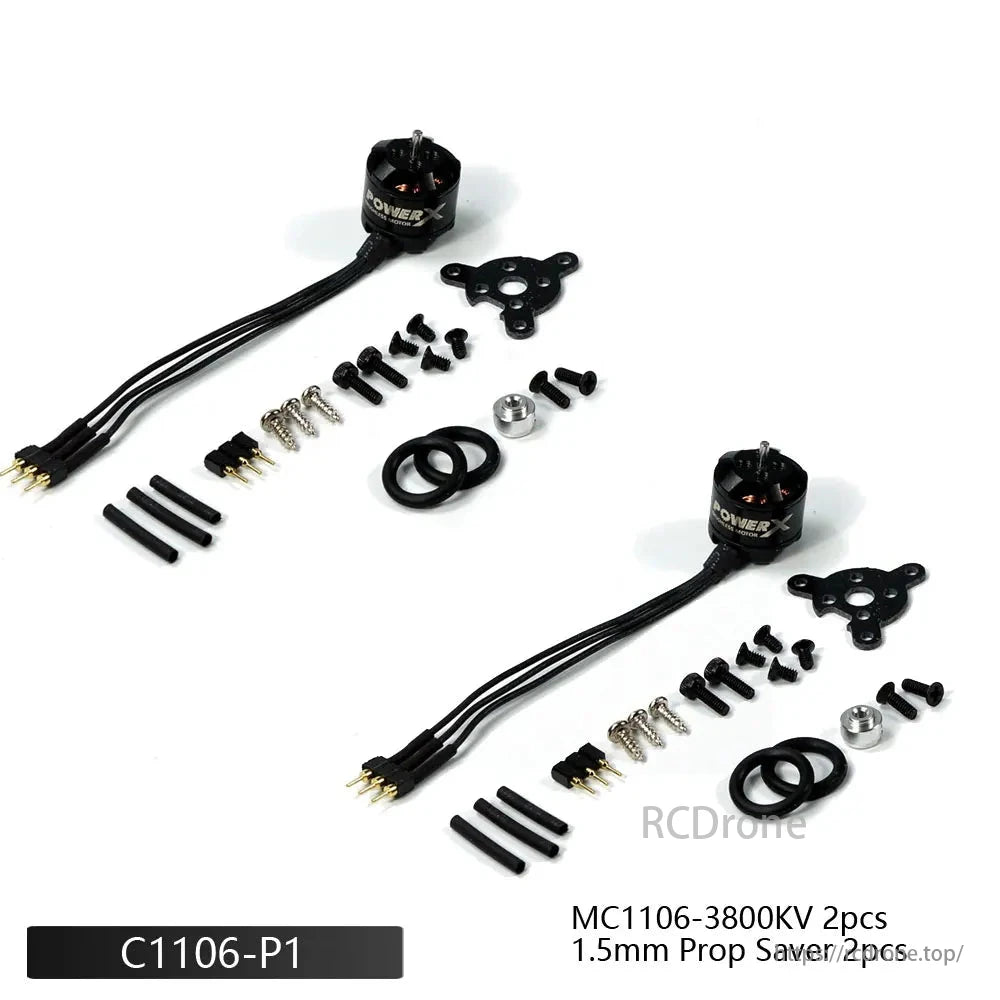 PowerX MC1106 3800KV 1S–2S Brushless Motor, PowerX MC1106 motor kit includes 3800KV brushless motor, ESC, propeller, and mount for micro RC planes and FPV drones.