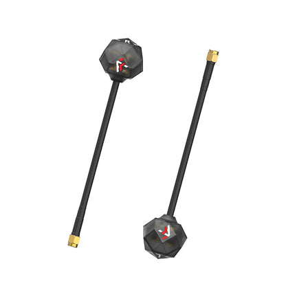 Prism V2 5.8G High Gain Antenna, Prism V2 5.8GHz high gain FPV antenna set with faceted black radome, long stem, and gold threaded connector