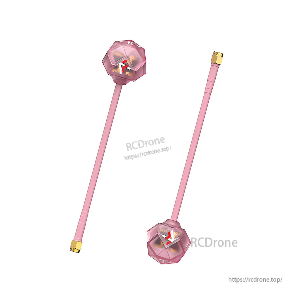 Prism V2 5.8G High Gain Antenna, Prism V2 5.8G high gain FPV antenna with pink coax lead, faceted prism housing, and gold SMA-style connector