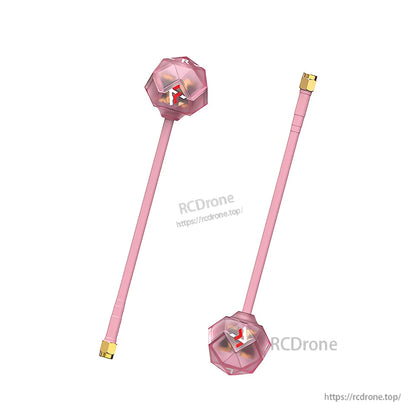 Prism V2 5.8G High Gain Antenna, Prism V2 5.8G high gain FPV antenna with pink coax lead, faceted prism housing, and gold SMA-style connector