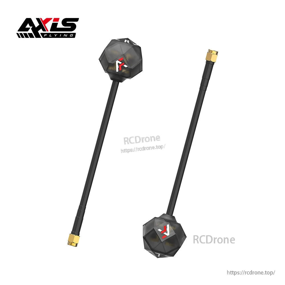 Prism V2 5.8G High Gain Antenna, Axis Flying Prism V2 5.8GHz antenna with black cable, faceted housing, and gold SMA connector ends