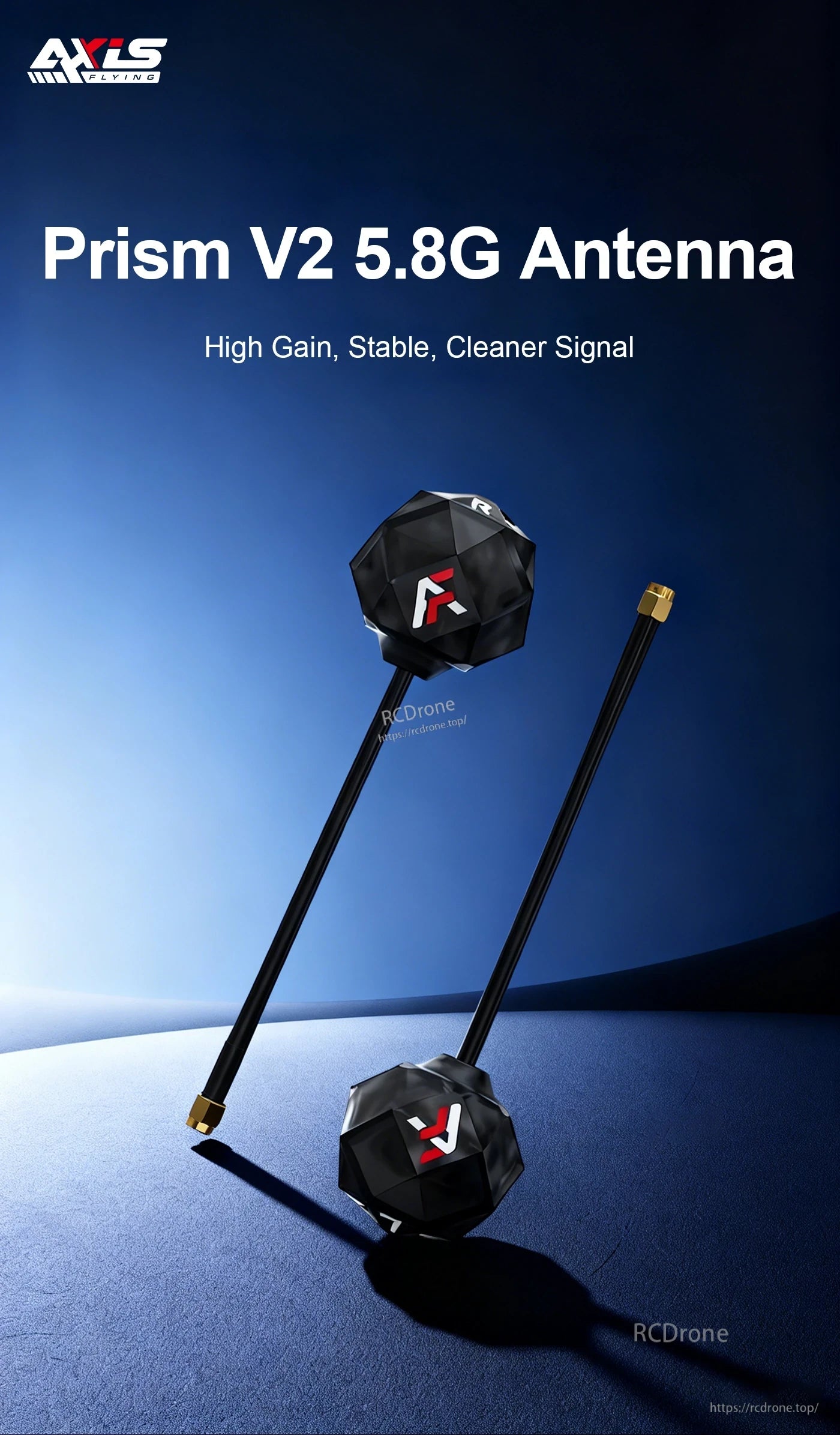 Prism V2 5.8G High Gain Antenna, AxisFlying Prism V2 5.8G FPV antenna with faceted black housing, long black lead, and gold connector
