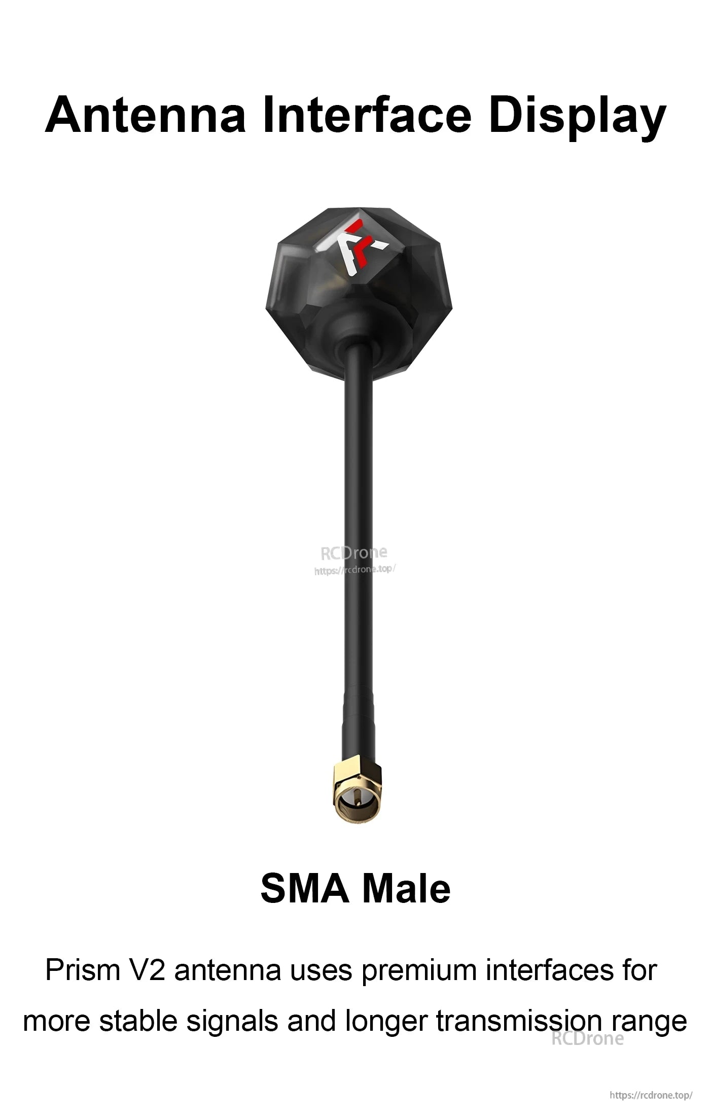 Prism V2 5.8G high gain antenna with faceted black housing, coax lead, and SMA male connector