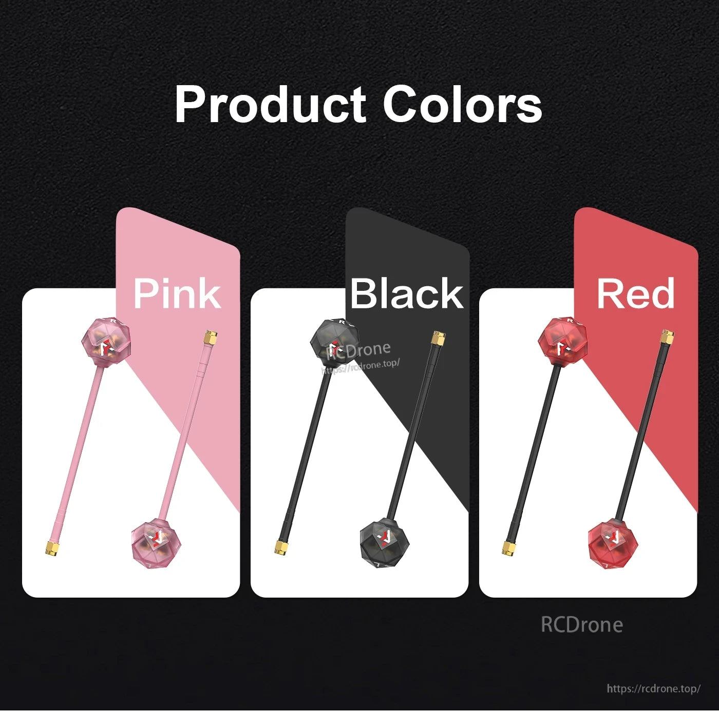 Prism V2 5.8G high gain antenna color options in pink, black, and red with long cable and gold connector