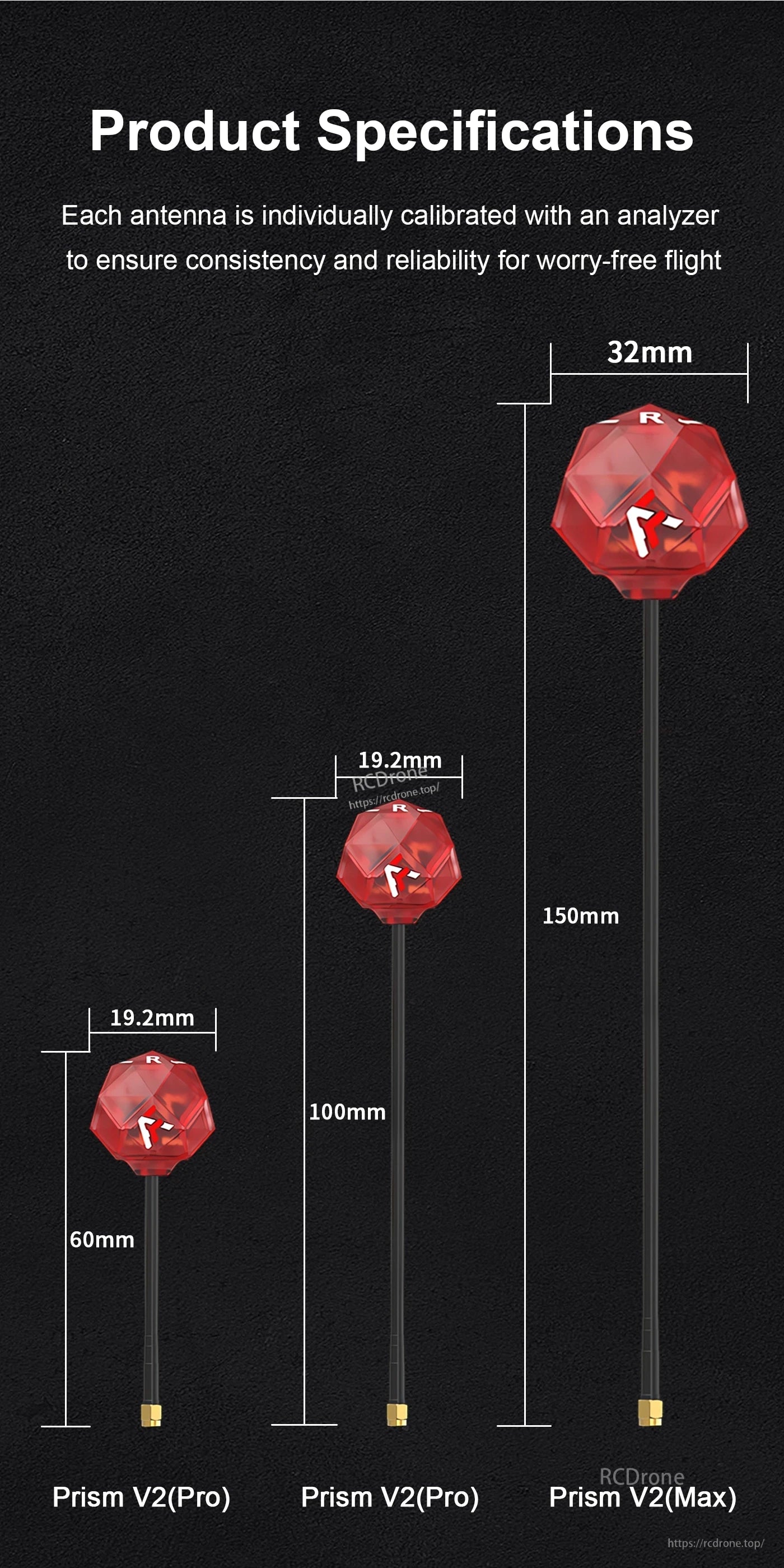 Prism V2 5.8G High Gain Antenna, Prism V2 5.8G antenna size guide with three red antennas showing 60mm, 100mm, and 150mm cable lengths