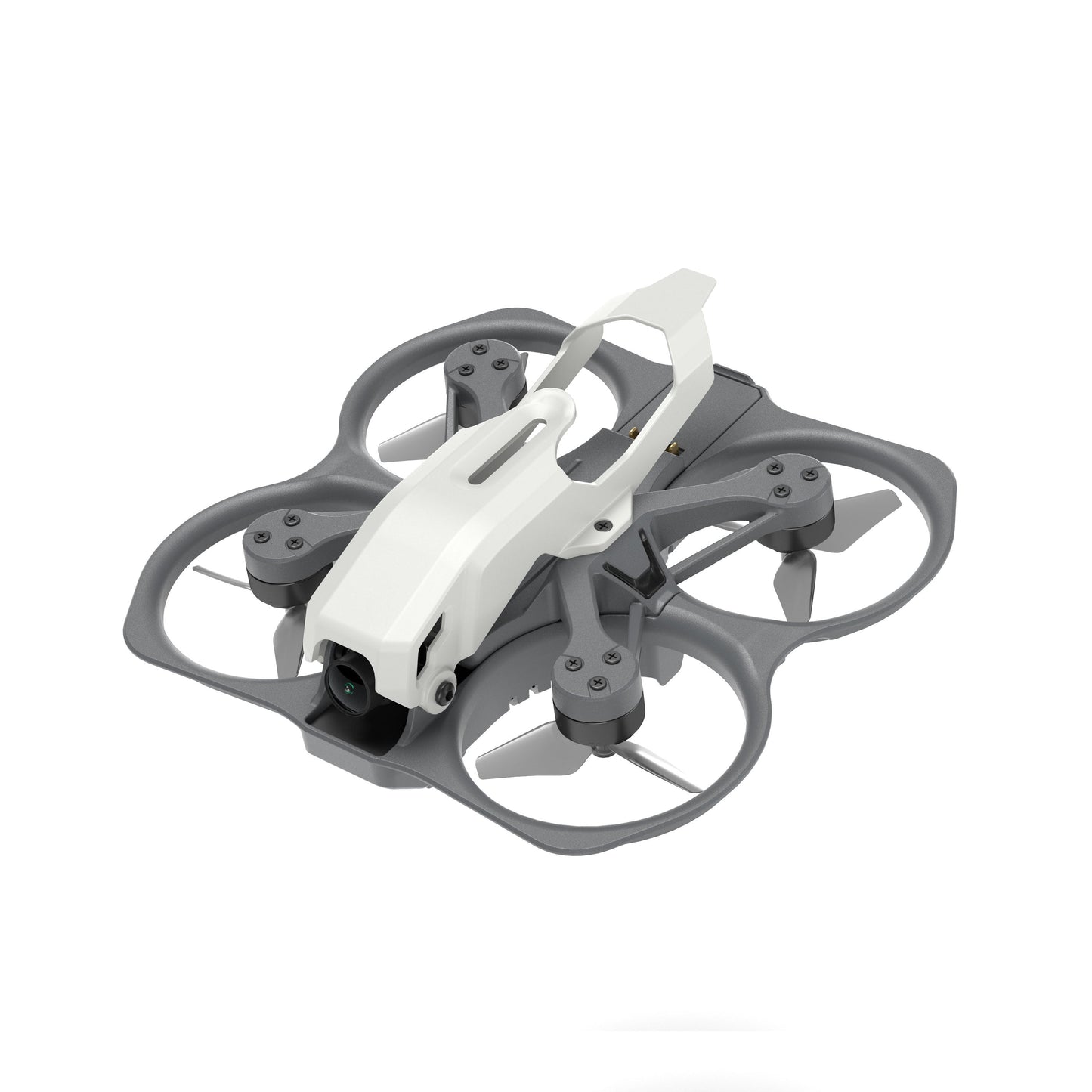 Front-left view of Protos 1.6-inch ducted FPV quadcopter showing camera pod, frame and prop guards