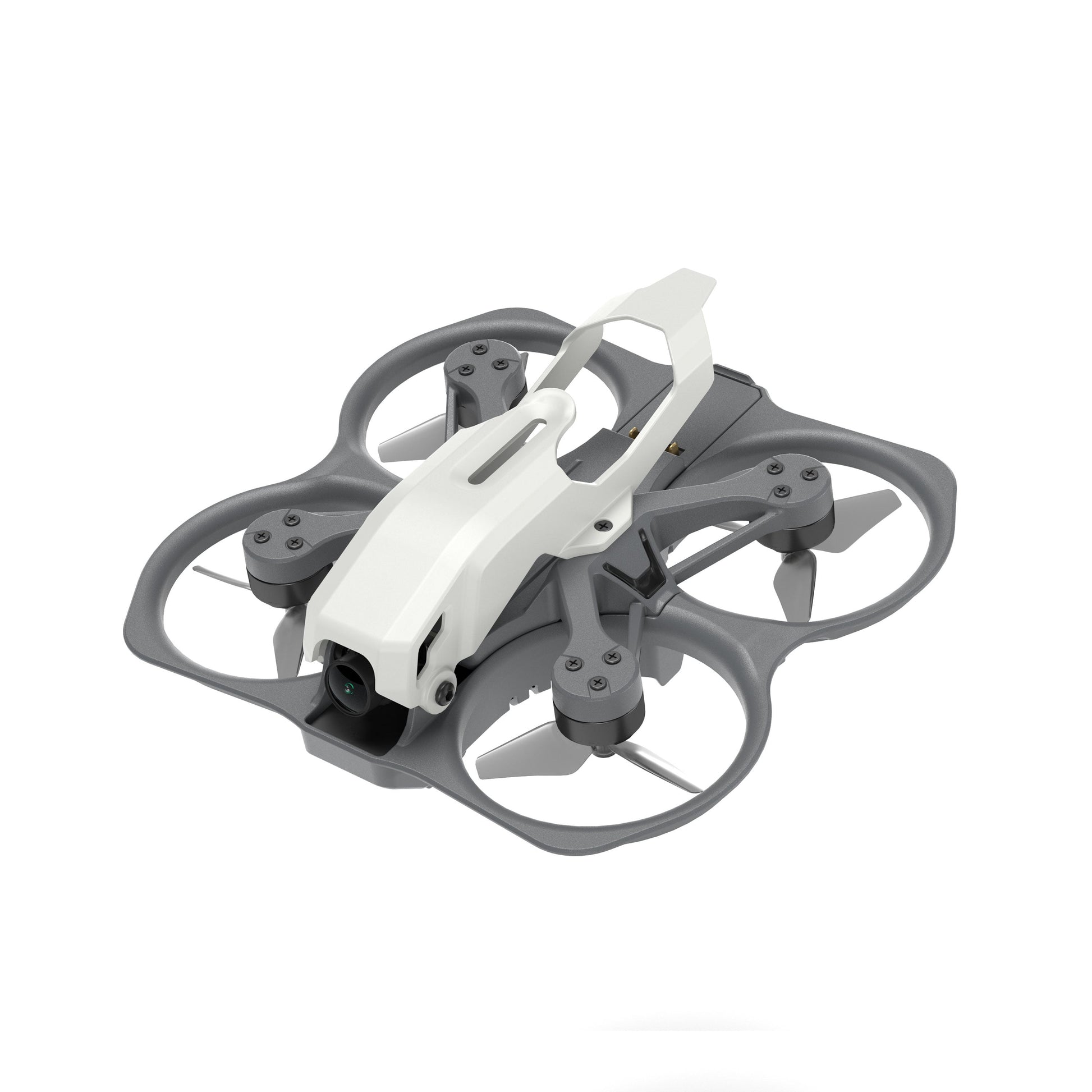 Front-left view of Protos 1.6-inch ducted FPV quadcopter showing camera pod, frame and prop guards