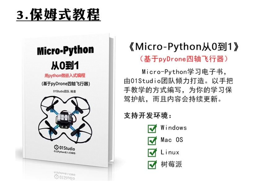 The PyDrone EW-i Micro-Python module for robotics and IoT applications supports Python programming, Wi-Fi connectivity, and features like battery life indicator.