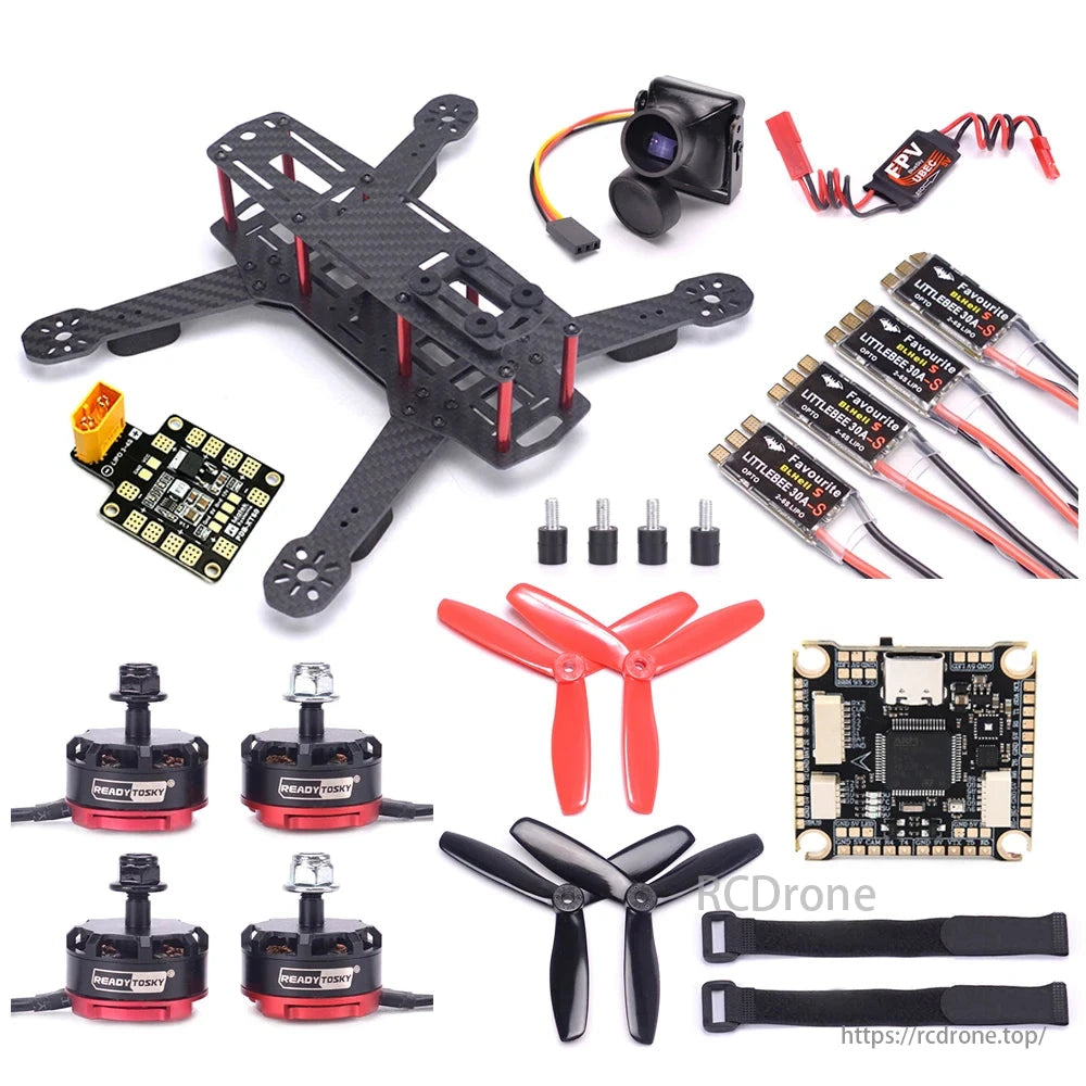 QAV250 FPV Racing Drone Kit includes carbon frame, motors, F4 controller, ESCs, camera, propellers, and UBEC module for efficient performance and assembly. Ideal for FPV racing enthusiasts.