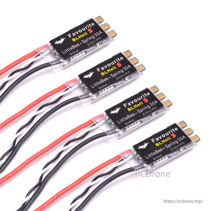 BLHeli_S ESCs, like LittleBee-Spring 30A, support 2-6S LiPo, Dshot, and work efficiently with F4 controllers and 2205 motors for agile FPV drone performance.