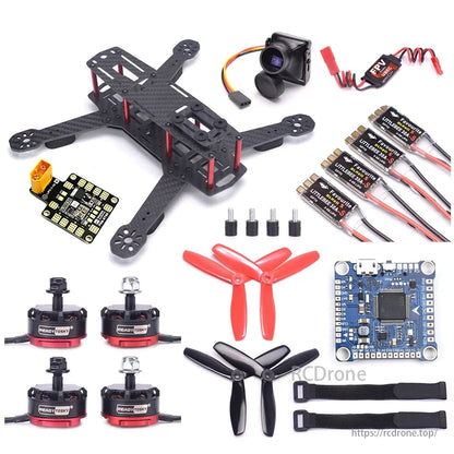 QAV250 FPV Racing Drone Kit with motors, F4 controller, ESCs, camera, propellers, and frame for high-speed racing.