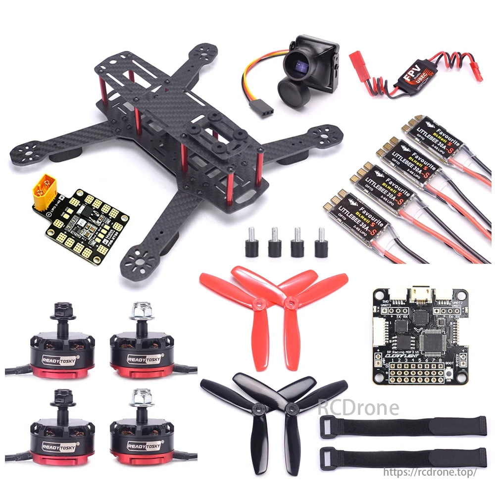 QAV250 FPV Drone components include frame, motors, ESCs, camera, flight controller, propellers, accessories, 30A-S ESCs, and FPV Ubec power supply.