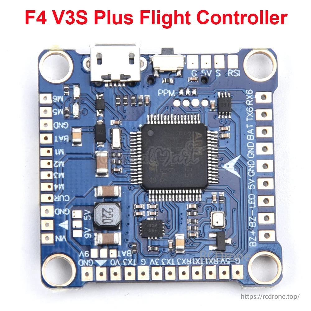 F4 V3S Plus Flight Controller for QAV250 FPV Drone with USB, connectors, and labeled pins for easy control.