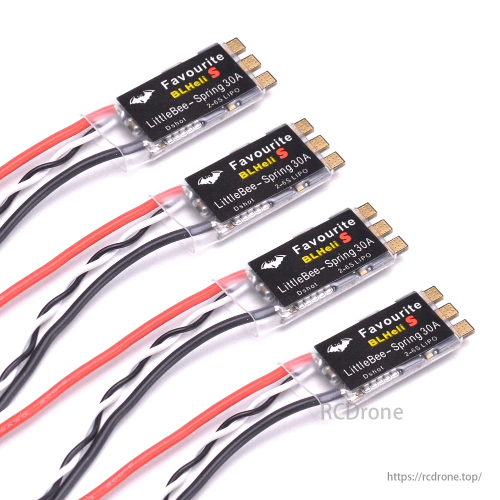 QAV250 FPV Drone, BLHeli_S ESCs for QAV250: LittleBee-Spring 30A, Dshot, 2-6S LiPo, compact design, efficient performance, red/black/white wires included.