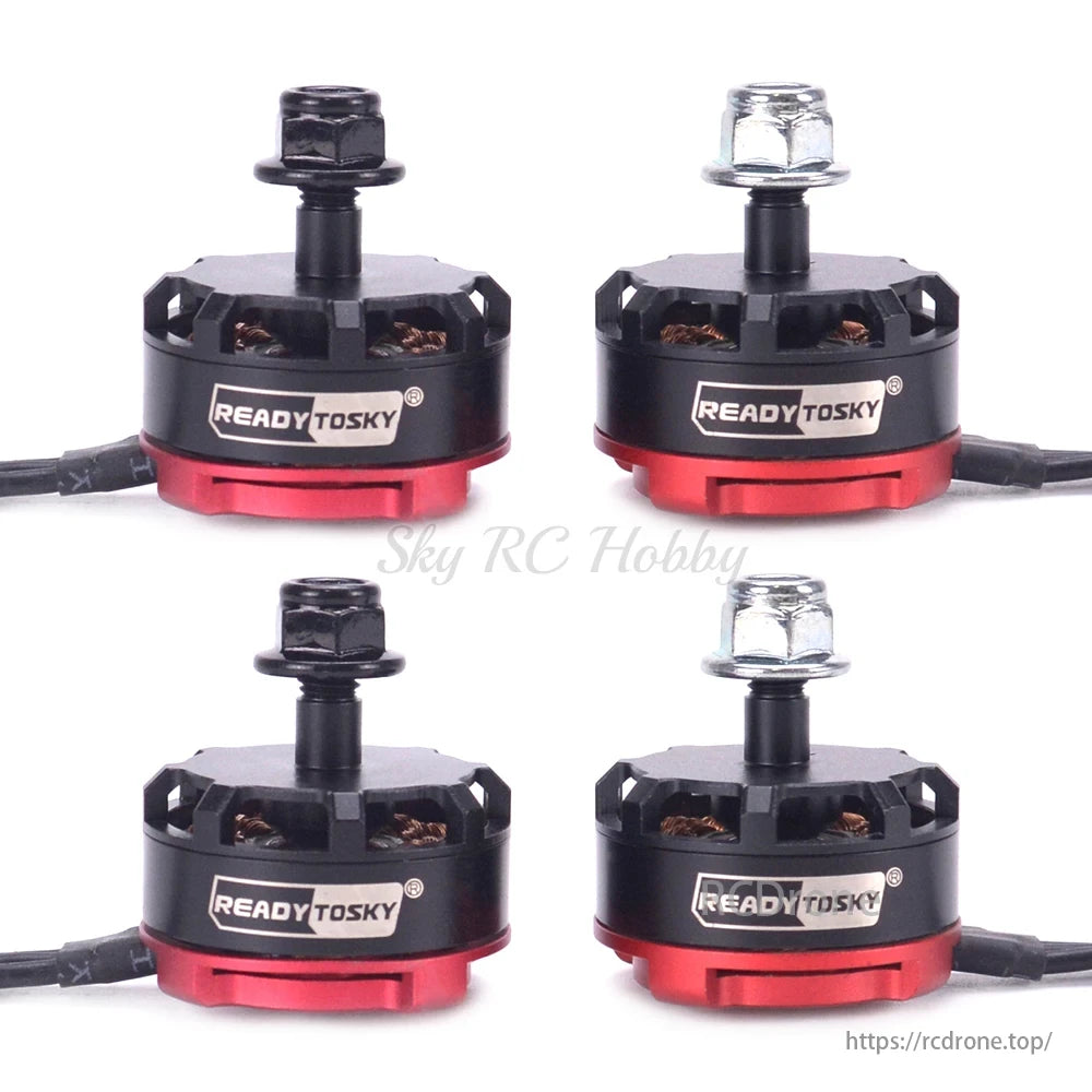 Four QAV250 FPV Drone motors by Ready Tosky, with black/red design and visible wiring for assembly.