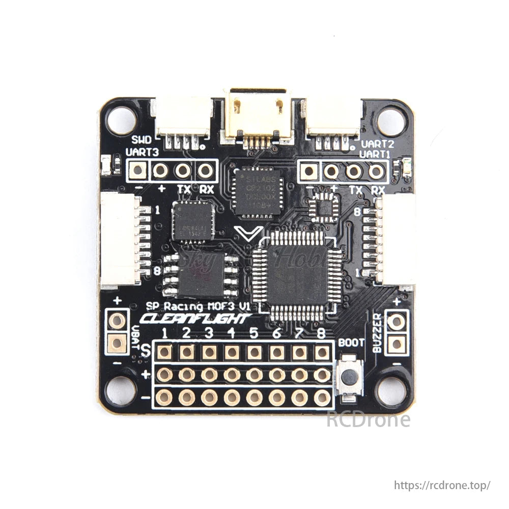 QAV250 FPV Drone control board features UART ports, TX RX labels, and Cleanflight branding for efficient drone operation.