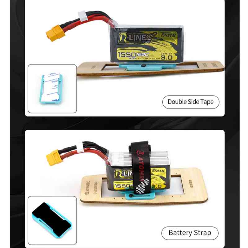 Battery mounting steps on QR55 board showing double-sided tape placement and battery strap securing