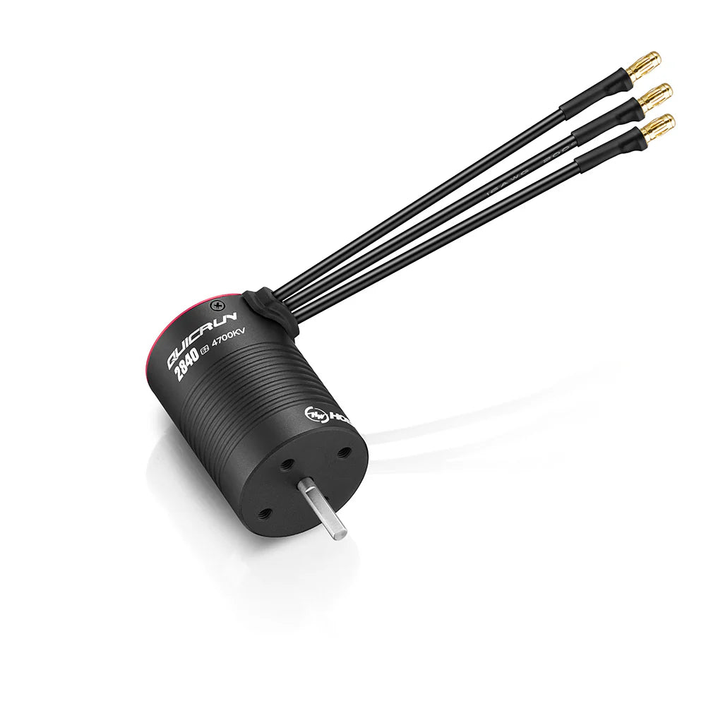 Hobbywing QuicRun 2840 G2 4700KV brushless motor with three black wires and gold bullet connectors
