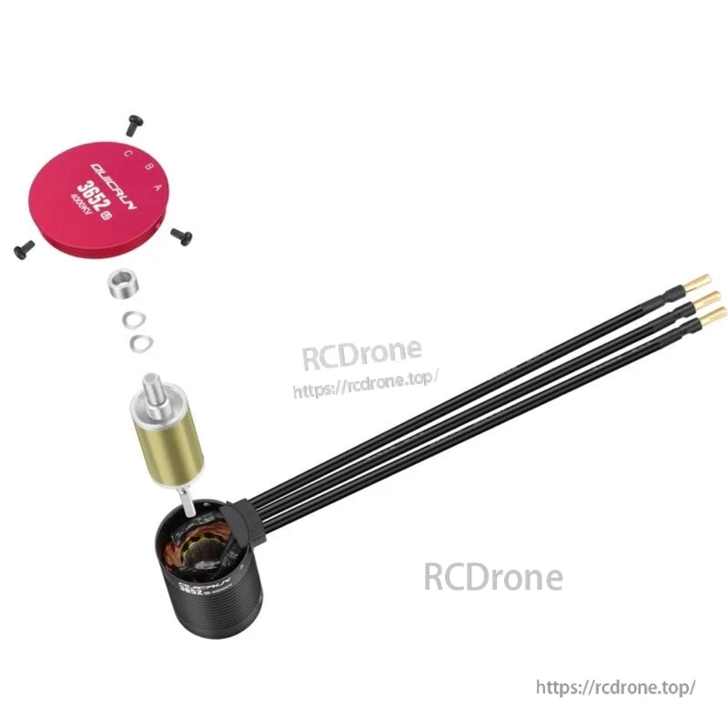 Exploded view of QUICRUN 3652SL G2 sensorless brushless motor with rotor, end cap, screws, and three bullet-connector leads