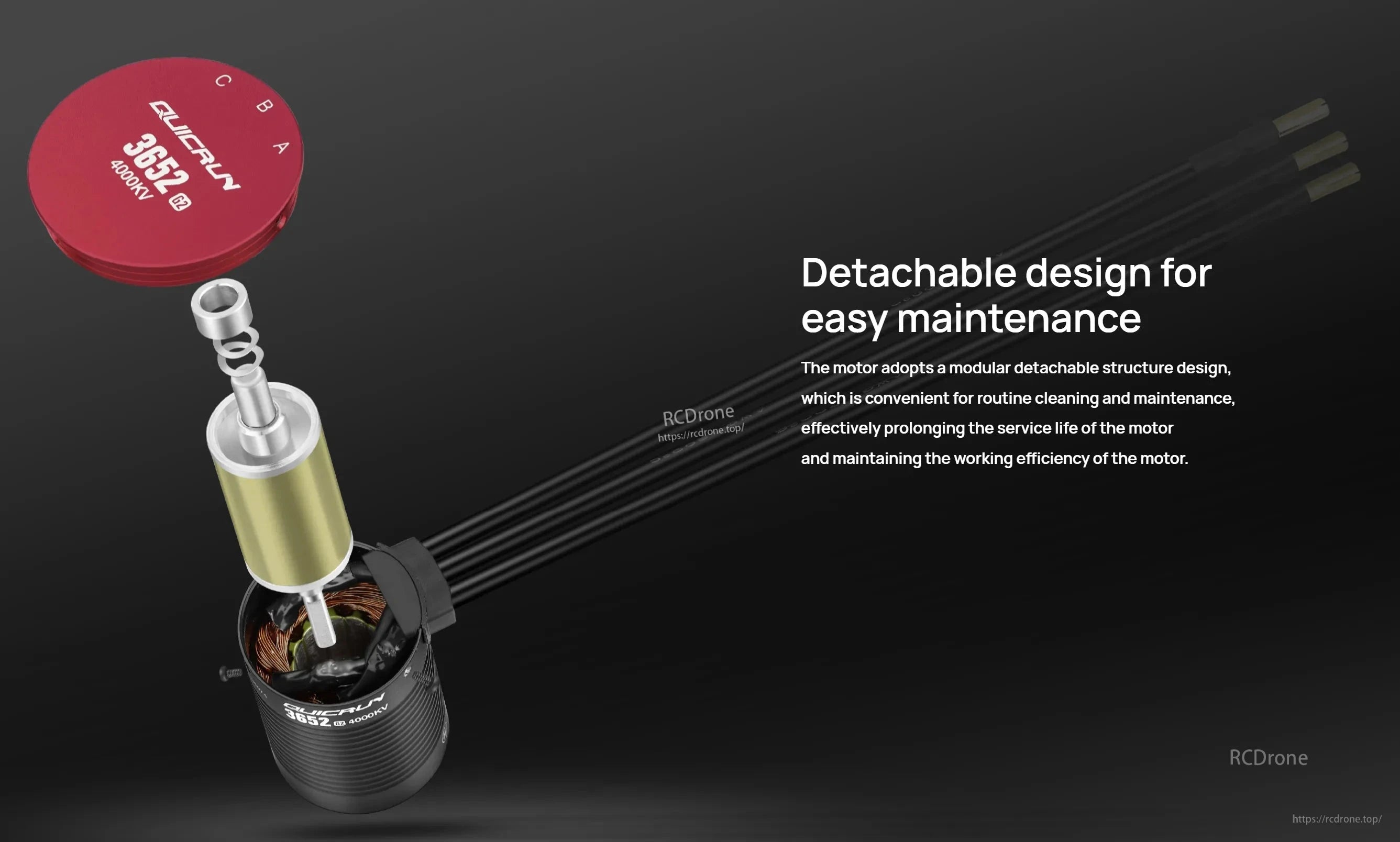 QUICRUN 3652SL G2 Sensorless Brushless Motor, Exploded view of QUICRUN 3652 G2 4000KV sensorless brushless motor with detachable end cap and 3 wires
