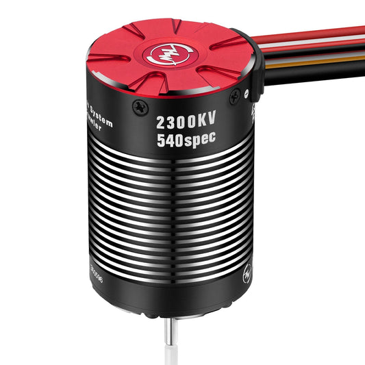 QUICRUN Fusion Pro 10en RC Car Power System, QUICRUN Fusion Pro 10en 2300KV 540-size brushless RC motor with finned black can, red end cap, and leads