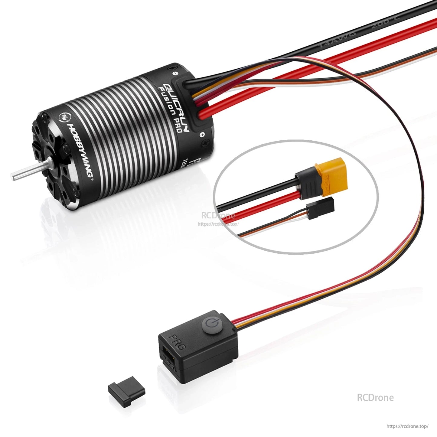 Hobbywing QUICRUN Fusion Pro 10en RC car power system motor with wiring harness, XT60-style plug and PROG module