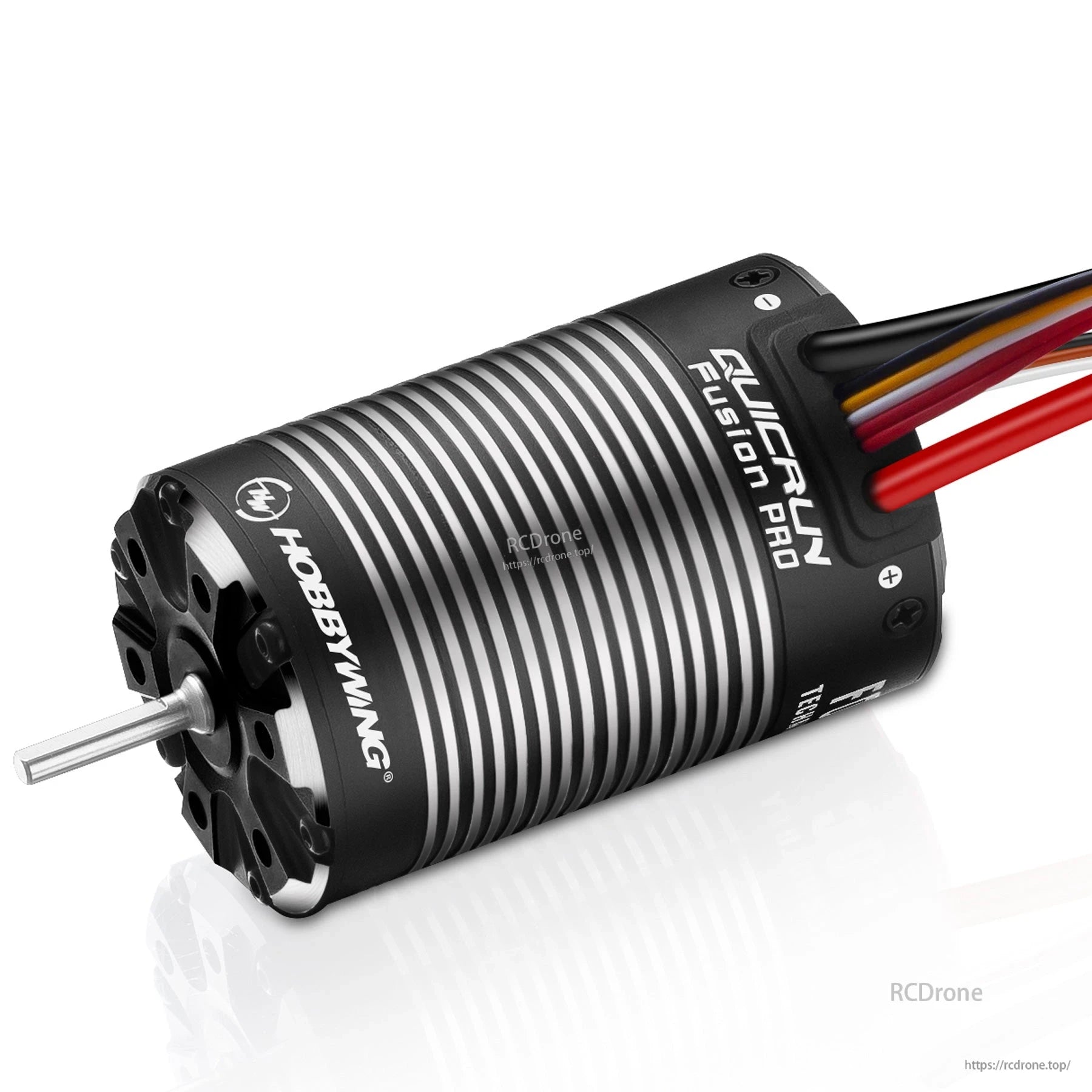 QUICRUN Fusion Pro 10en RC Car Power System, Hobbywing QUICRUN Fusion Pro RC car motor with finned aluminum can, 3.5mm shaft, and attached wiring