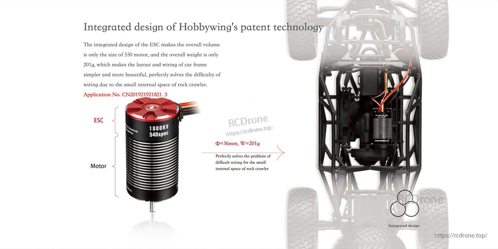 QUICRUN Fusion Pro 10en RC Car Power System, Hobbywing QUICRUN Fusion Pro 10en integrated ESC and motor, 1800KV 540 size, installed in RC crawler chassis