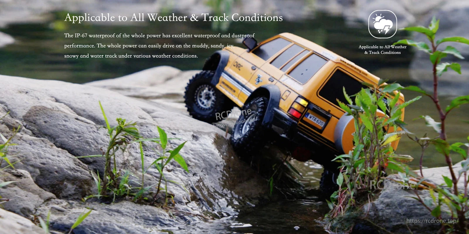 QUICRUN Fusion Pro 10en RC Car Power System, RC crawler truck driving through water and rocks, highlighting all-weather use with an IP67-rated power system