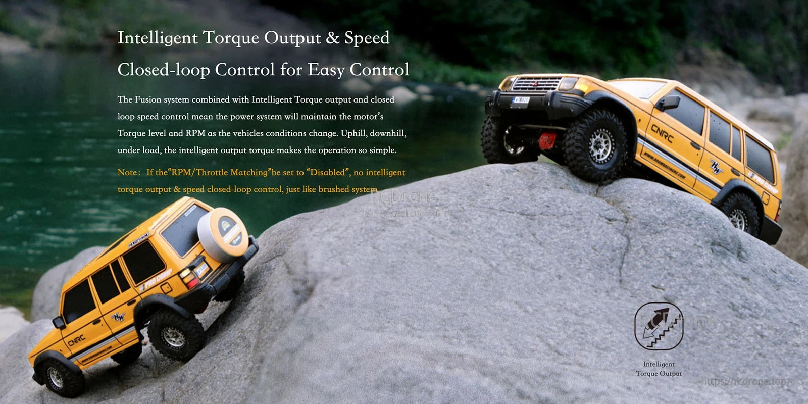 Banner for QUICRUN Fusion Pro 10en RC car power system with two yellow RC trucks climbing a rock, promoting intelligent torque output and
a