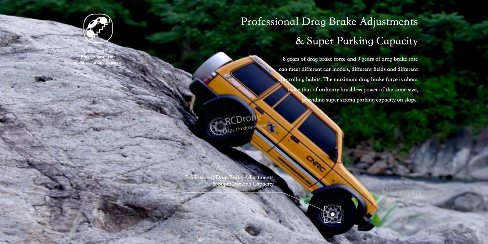 QUICRUN Fusion Pro 10en RC Car Power System, RC rock crawler climbing a steep rock face with text about professional drag brake adjustments and parking capacity
