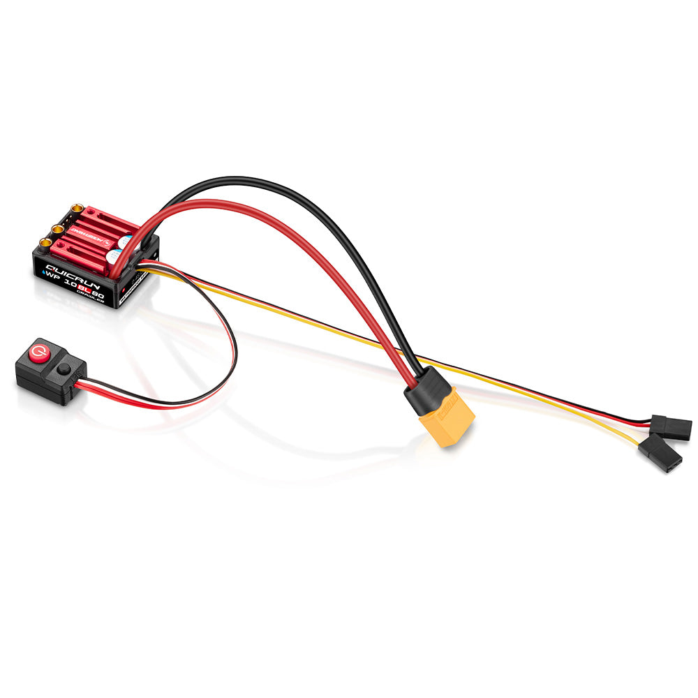 Hobbywing QuicRun WP 10BL80 crawler ESC with red heatsink, on/off switch, XT60-style plug and receiver lead