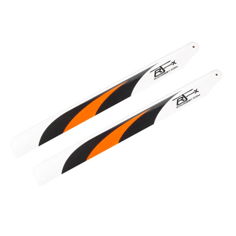 Pair of RJXHOBBY 360mm carbon fiber RC helicopter main rotor blades with white tips and orange stripe