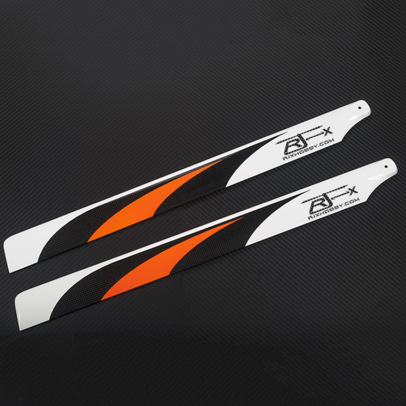 Pair of RJX 600mm carbon fiber RC helicopter main rotor blades in white, black, and orange with mounting holes