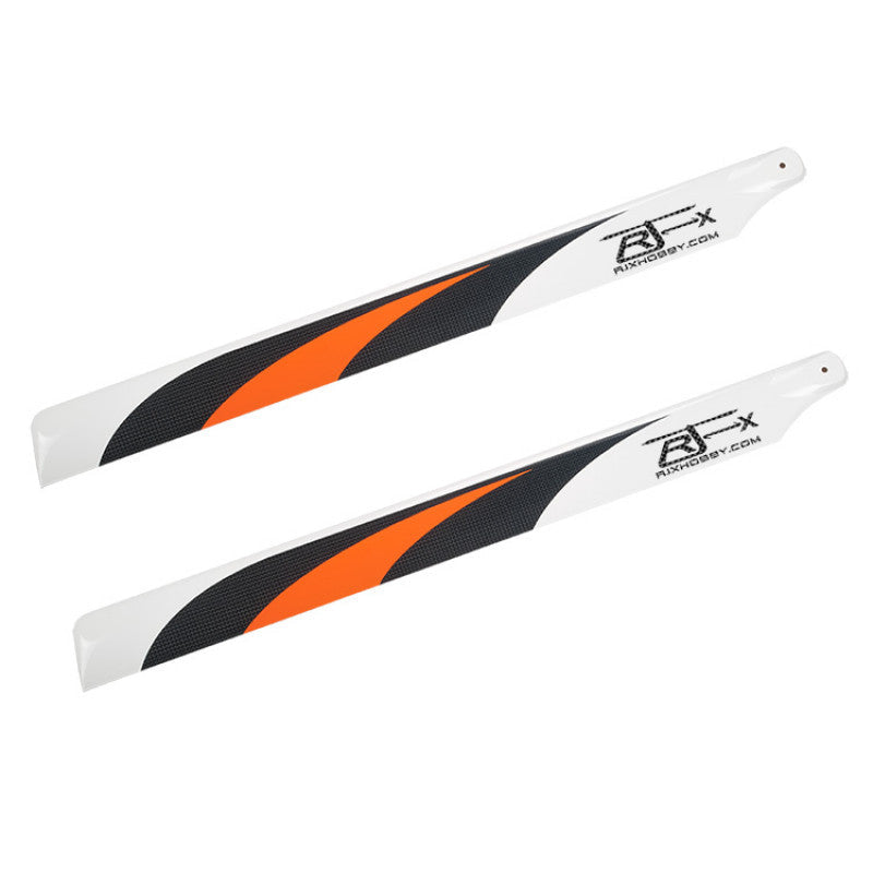 Pair of RJX 600mm carbon fiber main rotor blades with orange and black graphics for 600-class RC helicopter