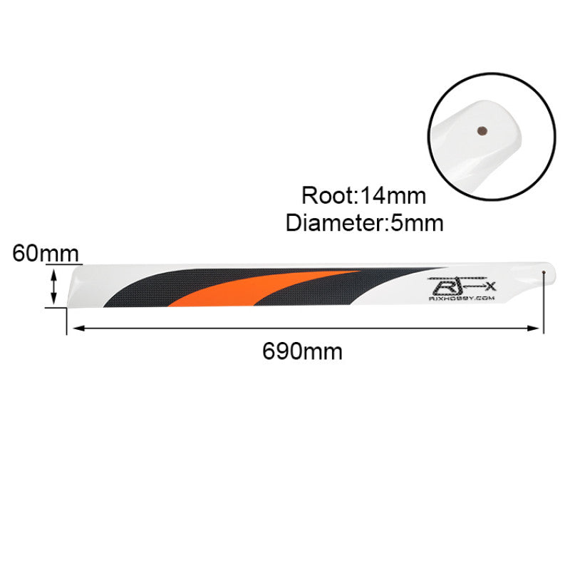 RJXHOBBY 690mm carbon fiber main helicopter blade in orange/black, 60mm width, 14mm root, 5mm bolt hole