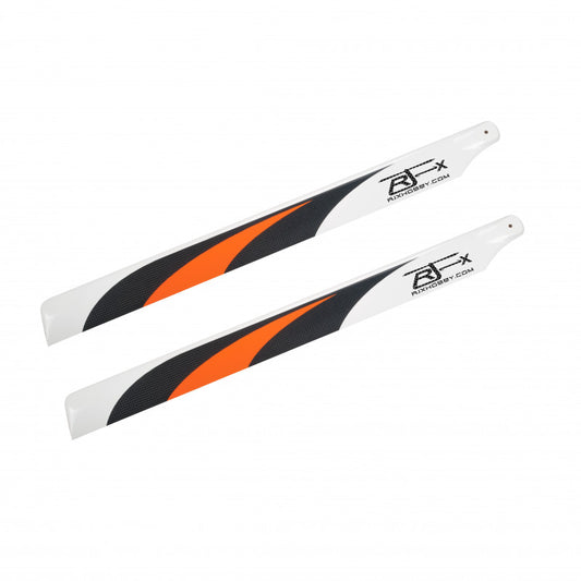 Pair of RJXHOBBY 690mm carbon fiber helicopter main blades in white with orange and black stripes