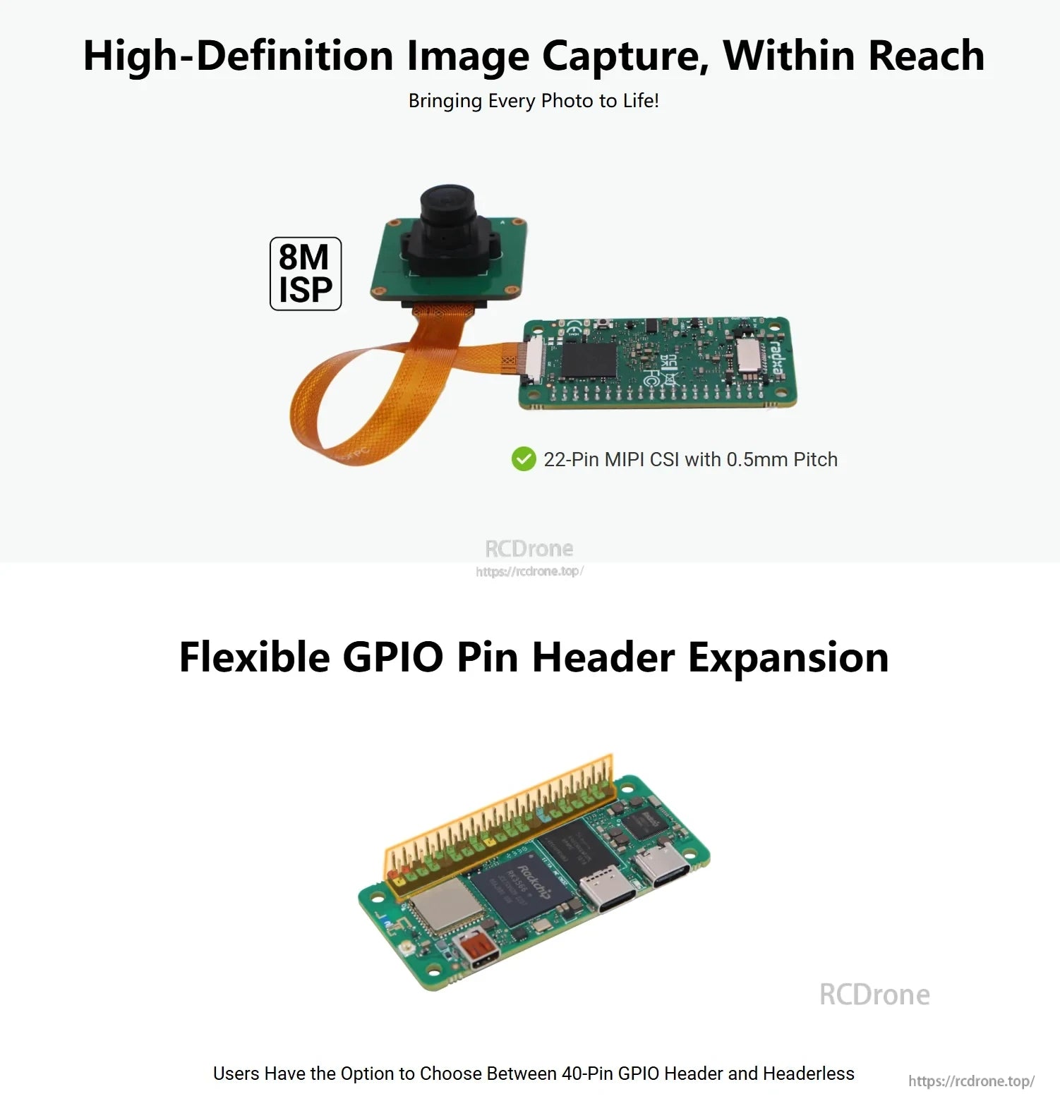 RADXA ZERO 3W MIPI CSI camera connection and 40-pin GPIO header expansion