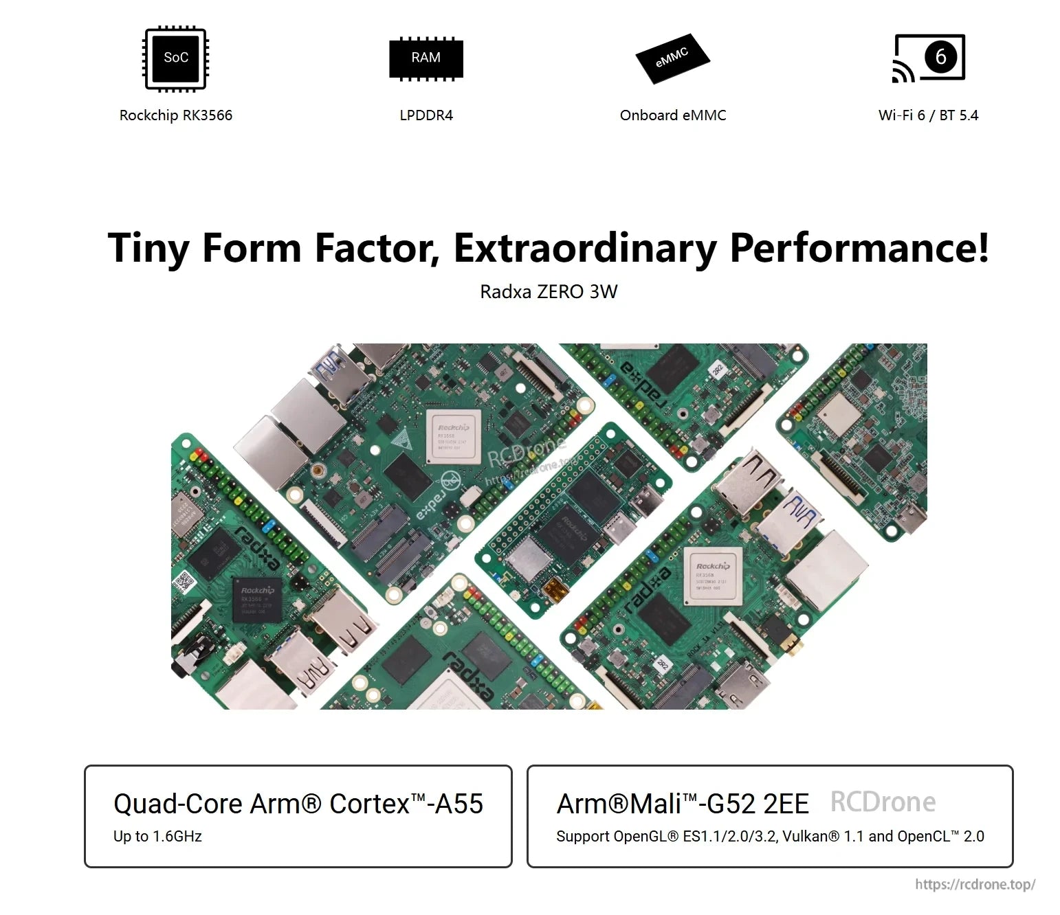 RADXA ZERO 3W features RK3566 quad-core Cortex-A55 CPU, LPDDR4, eMMC and Wi-Fi 6