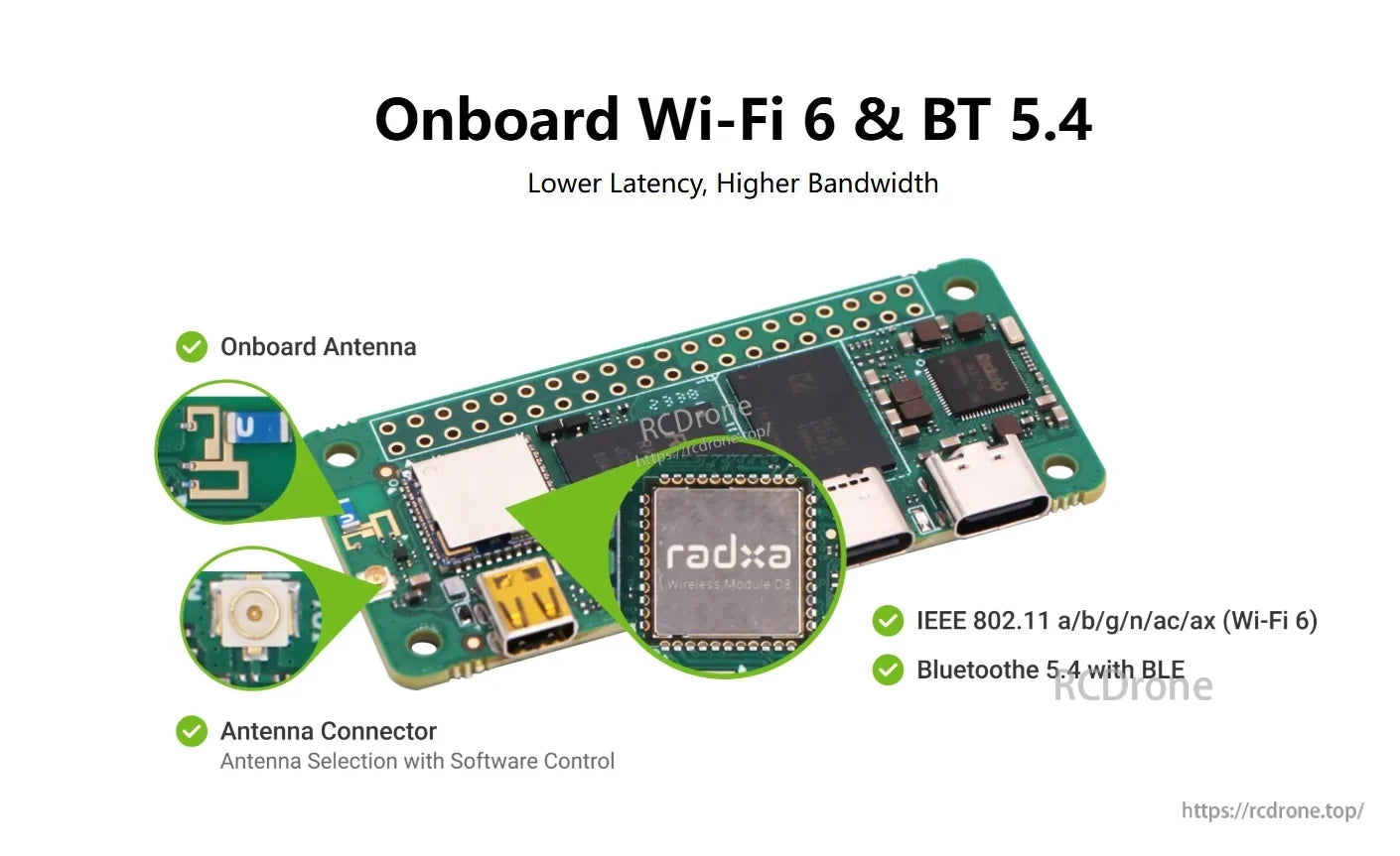 RADXA ZERO 3W Wi-Fi 6 and Bluetooth 5.4 with onboard or external antenna