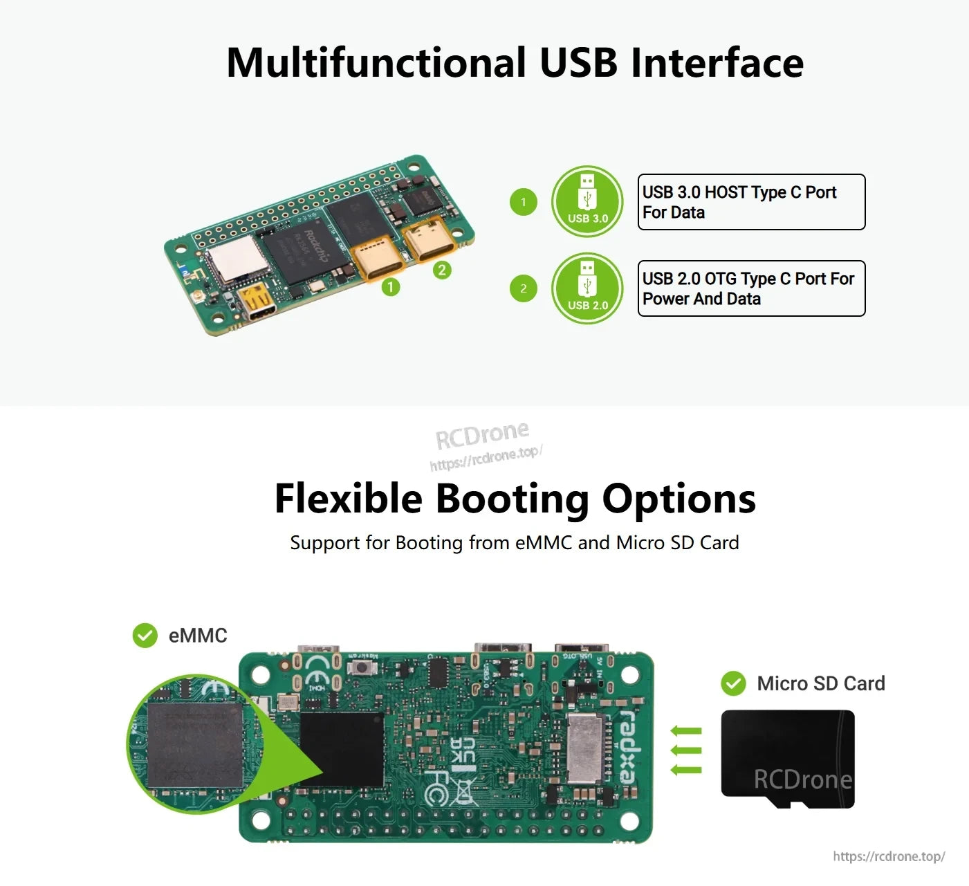 RADXA ZERO 3W USB Type-C ports with eMMC and Micro SD boot options