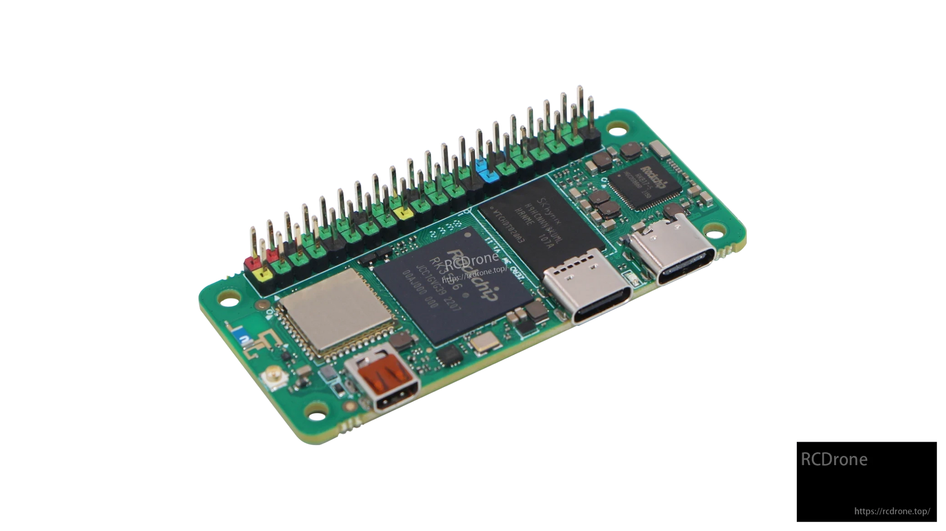 Angled top view of RADXA ZERO 3W board with 40-pin GPIO header and USB-C ports