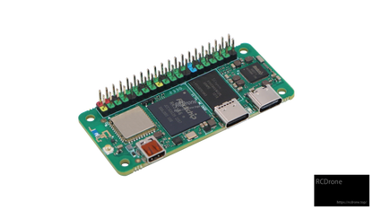 Angled top view of RADXA ZERO 3W board with 40-pin GPIO header and USB-C ports
