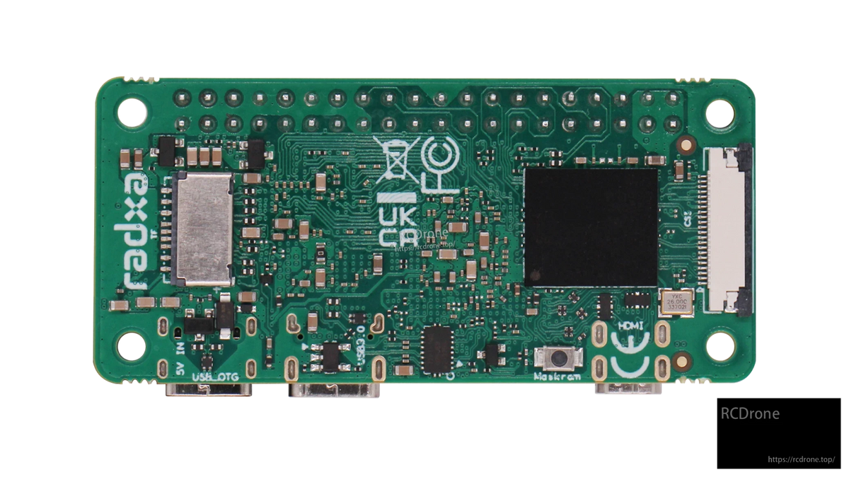 RADXA ZERO 3W board rear view with eMMC, microSD slot, antenna connector and regulatory markings