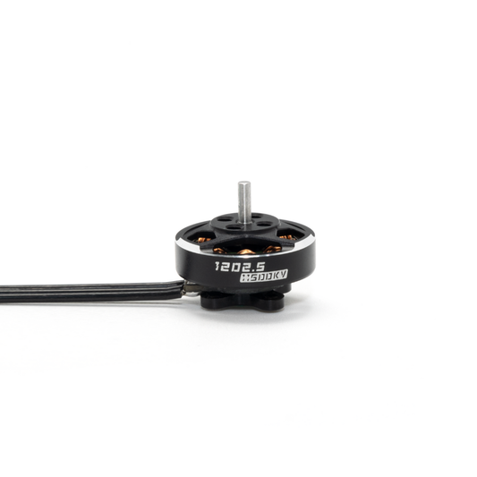 RATEFPV 1202.5 11500KV Brushless Motor side profile with shaft, copper windings, and lead wires