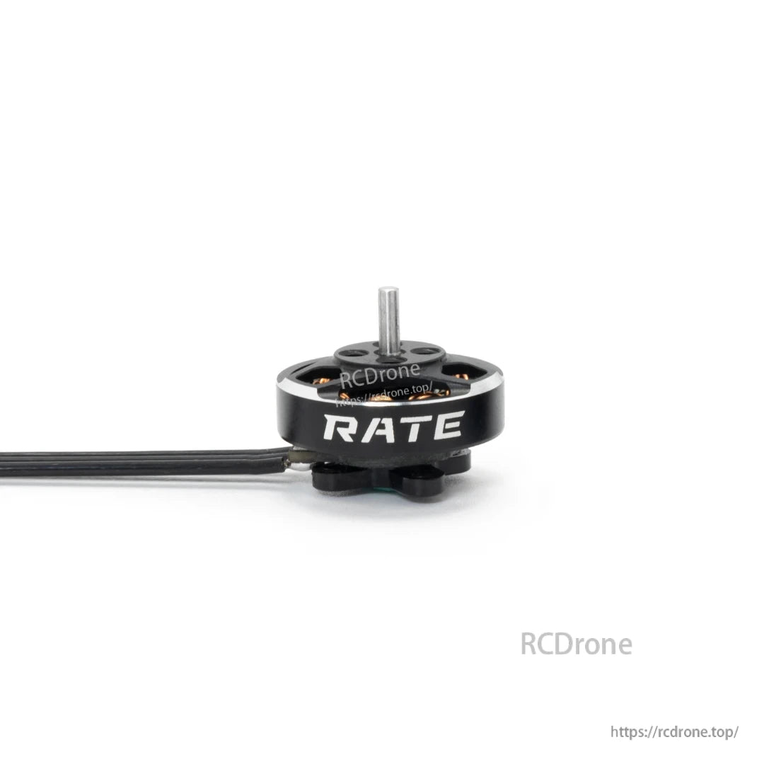 RATE-branded motor can side view with shaft, copper windings, and black lead wires