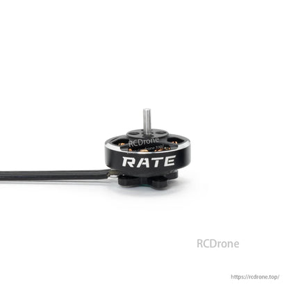 RATE-branded motor can side view with shaft, copper windings, and black lead wires