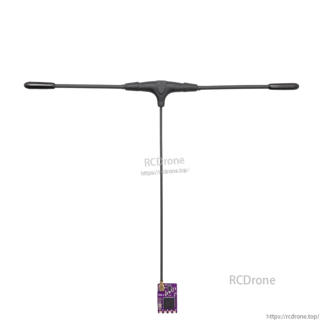 T-style external antenna connected to the compact receiver board for RC flight controller installation